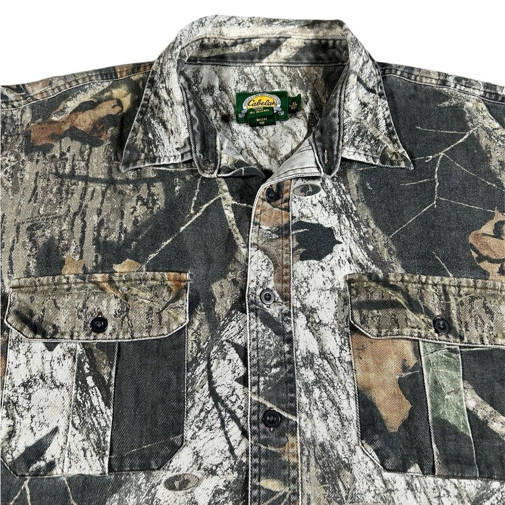Cabelas Denim Shirt Camo Mossy Oak Break Up Button Hunting Size XL Outdoor Gear